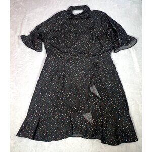 Sugar + Lips Dress Women L Black Faux Wrap Ruffle Star Print Mock Neck Open Back